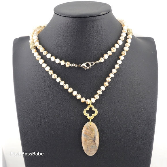 Local Artist Jewelry - Handmade Crazy Lace Agate Pendant Necklace - Gold Accents, Natural Stone, 30"